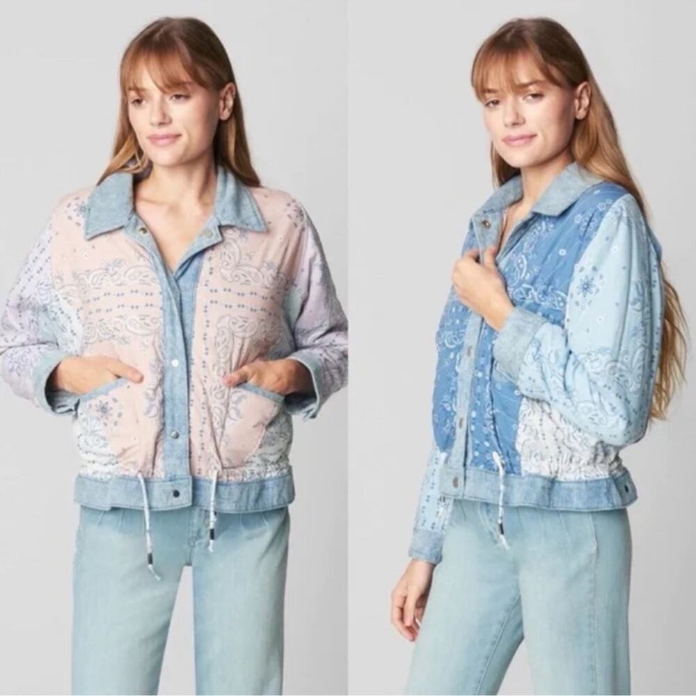 BLANK NYC Reversible Quilted Denim Jacket Large Blue Floral Snap Front Coat
